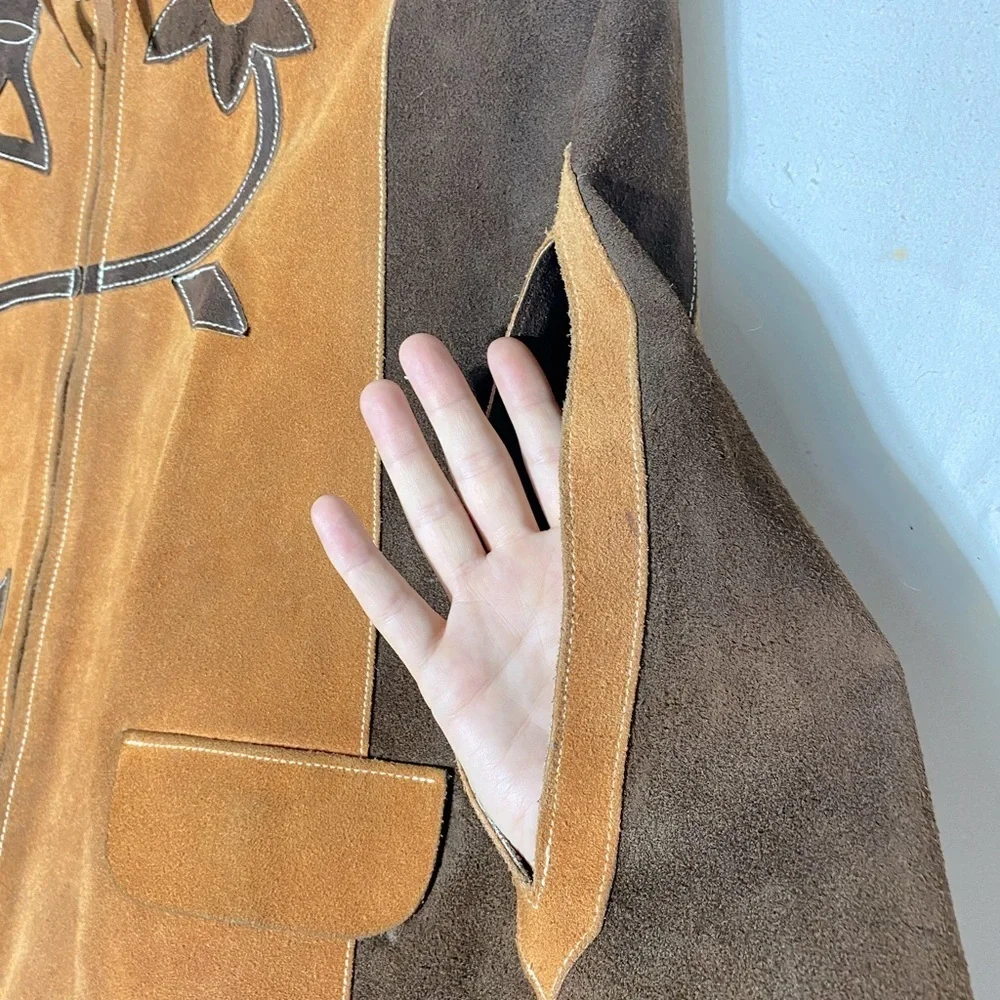 Vintage Two Tone Tan Brown Suede Leather Cape M Boho Western - Picture 9 of 16